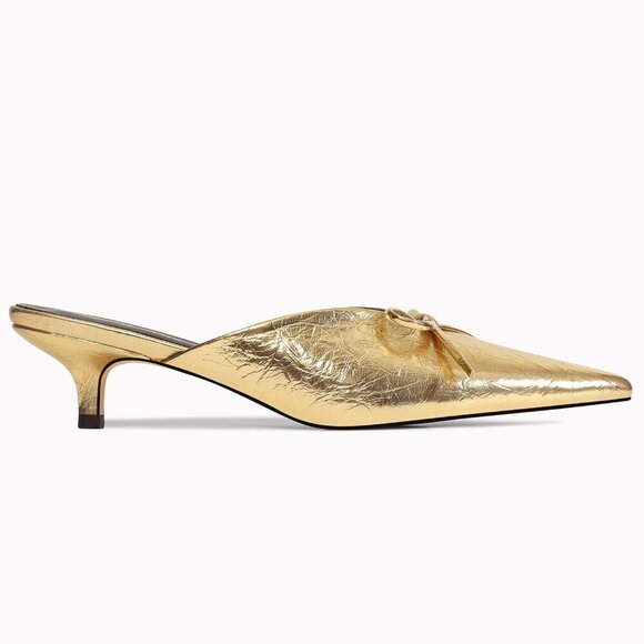 RONILURN Kitten Heel Gold Faux Leather Women Pumps Bow Closed Toe Pointed Toe - Picture 2 of 8